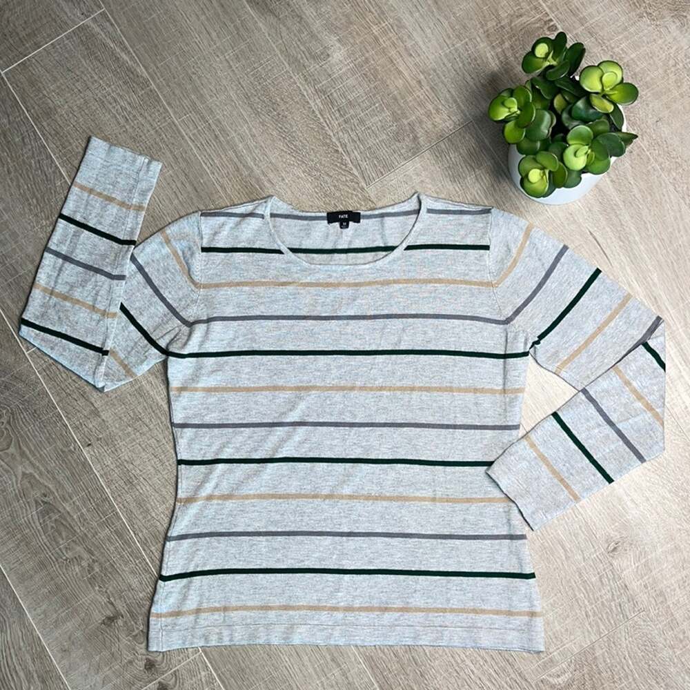 FATE Women's Gray Striped Scoop Neck Long Sleeve Pullover Sweater Top